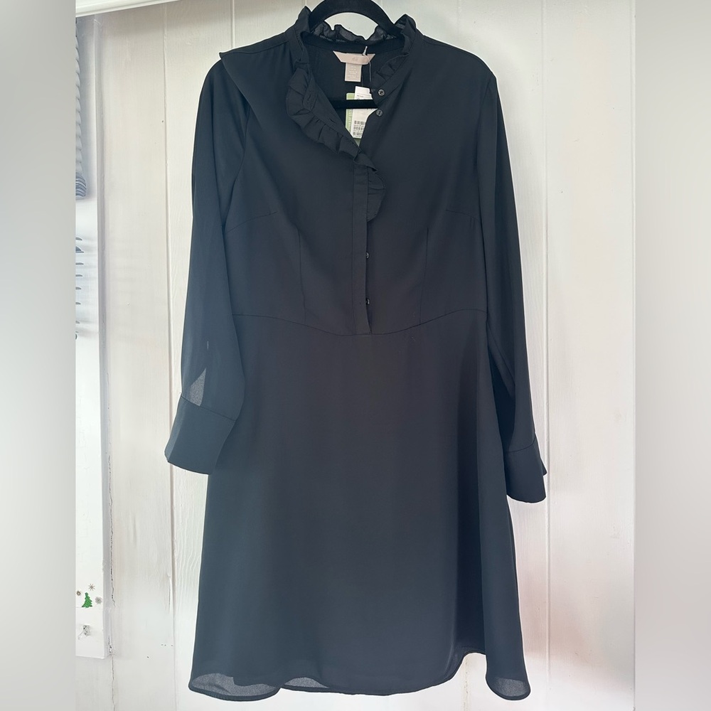 H&M Black long sleeve ruffle neckline dress sz:M